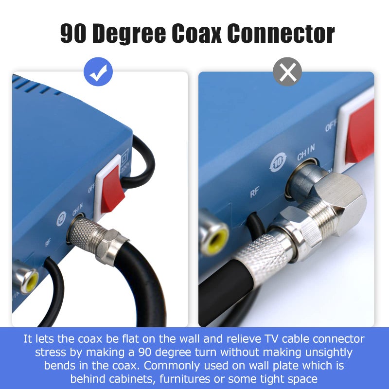 RFAdapter Right Angle Coax Connector, 5 Pack F Type 90 Degree Coaxial Male to Female Cable Connector, RG6 Adapter L Shape for Wall Mounted TV, Modem, Wall Plate, Satellite Receiver - Image 3